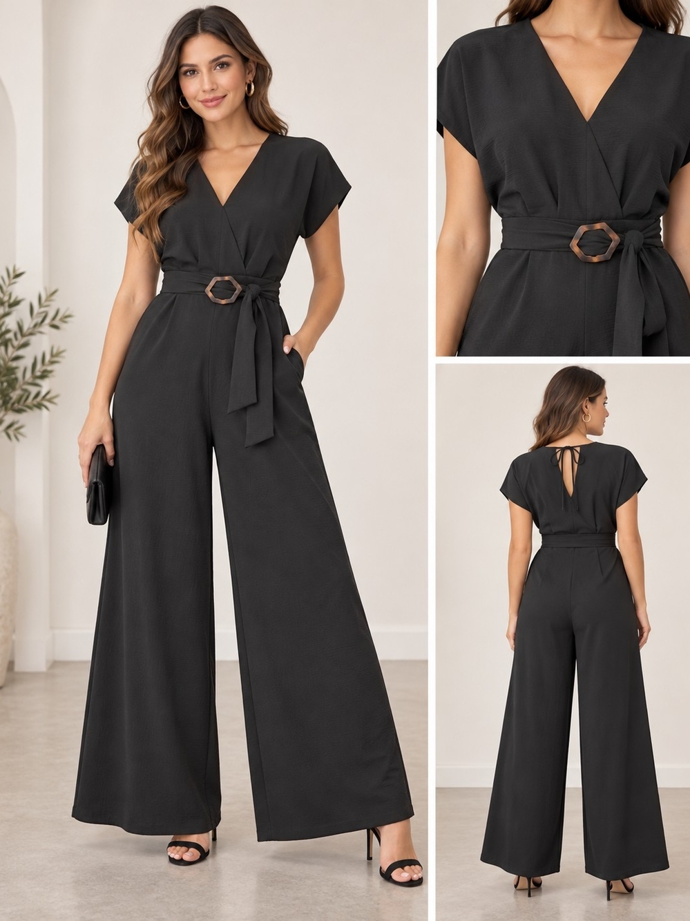 Vince Camuto Black V-Neck Wide-Leg Jumpsuit with Belt Size XS